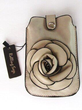 Roling Sage beige leatherette crossbody small purse with rose.
